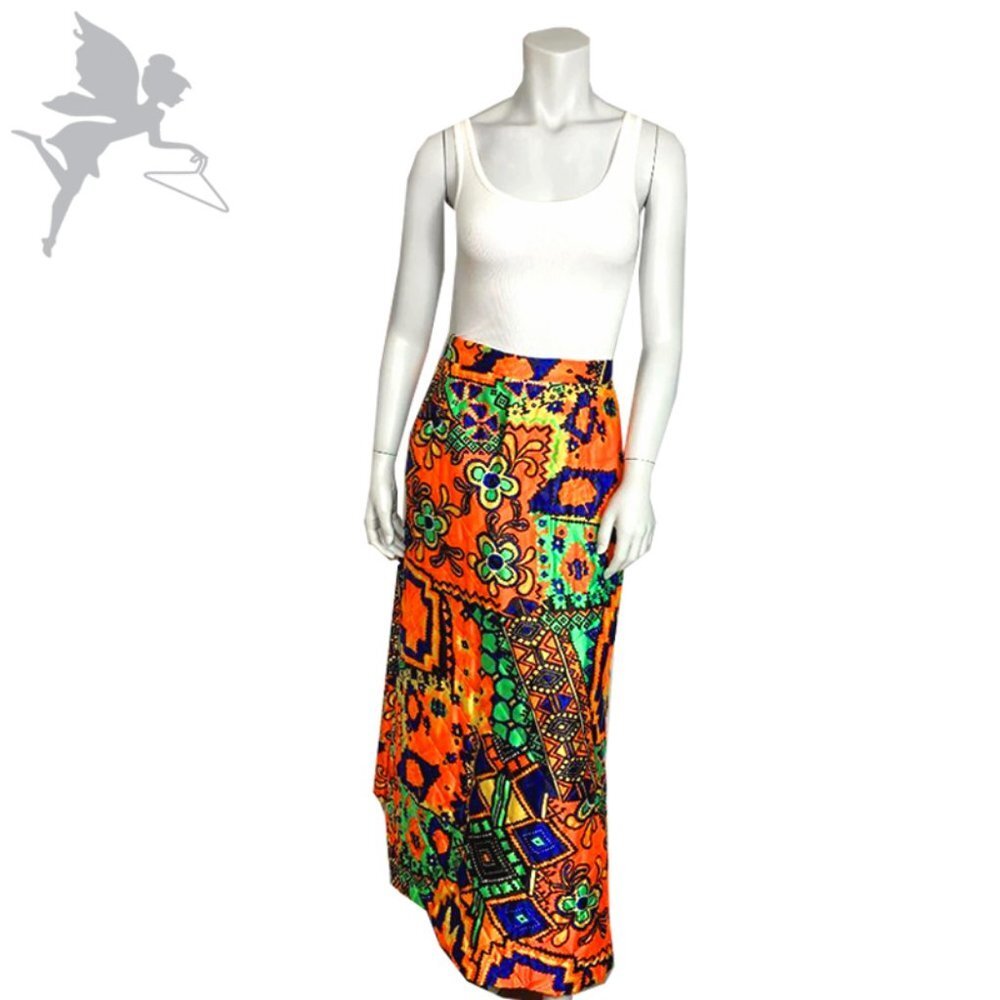 VINTAGE 1970's Quilted Neon Patchwork Maxi Skirt